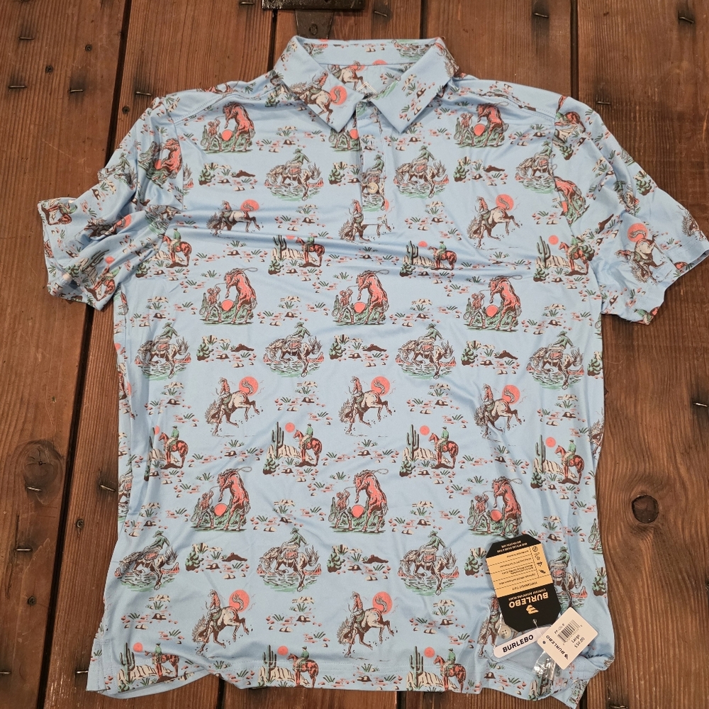 BURLEBO Light Blue Polo with Coral and Green Western Print